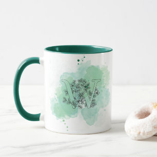 Initial W Watercolor Monogram Green Botanical  Mug