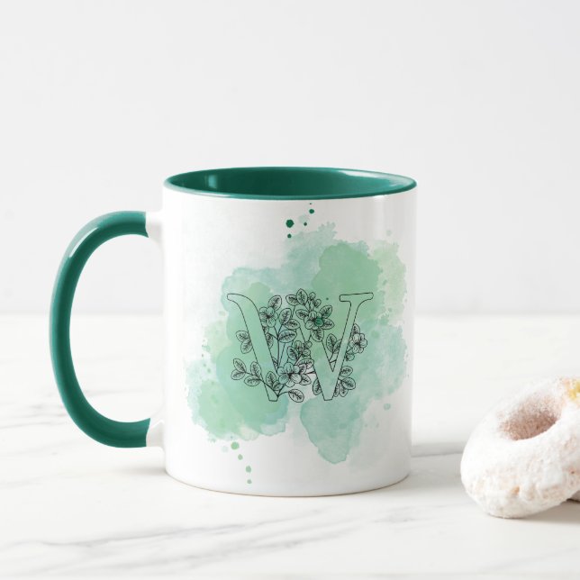 Initial W Watercolor Monogram Green Botanical  Mug (With Donut)