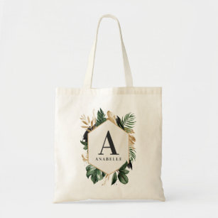 Initial watercolor tropical foliage tote