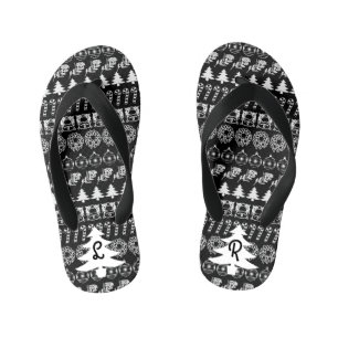 Initial - White/Black Christmas Fun Font Pattern Kid's Thongs