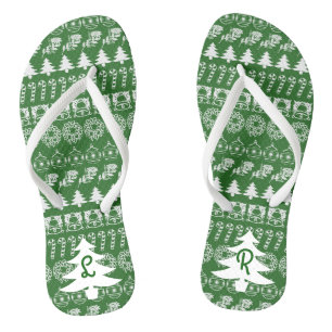 Initial - White/Green Christmas Fun Font Pattern Thongs