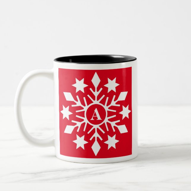 Initial Winter Snowflakes Red Christmas Two-Tone Coffee Mug (Left)