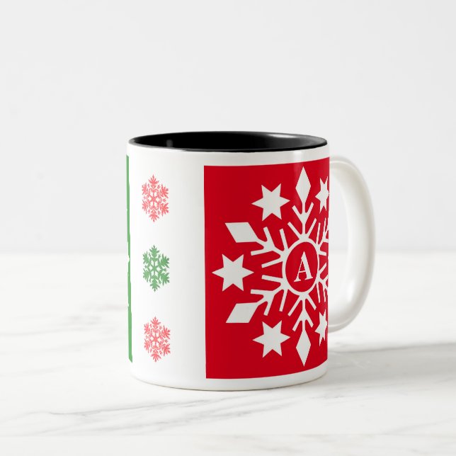 Initial Winter Snowflakes Red Green Christmas Two-Tone Coffee Mug (Front Right)