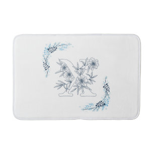 Initial "X" Blue Monogram Calm Floral Bath Mat