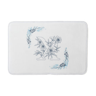 Initial "X" Blue Monogram Calm Floral Bath Mat
