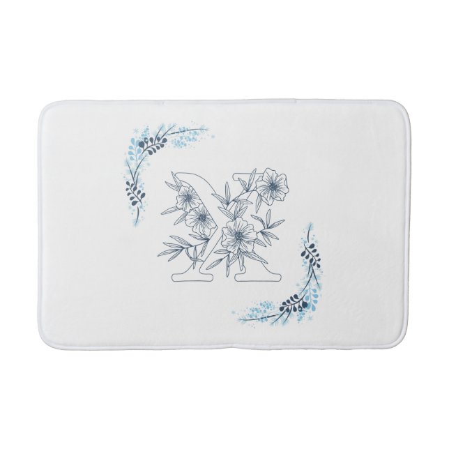 Initial "X" Blue Monogram Calm Floral Bath Mat (Front)
