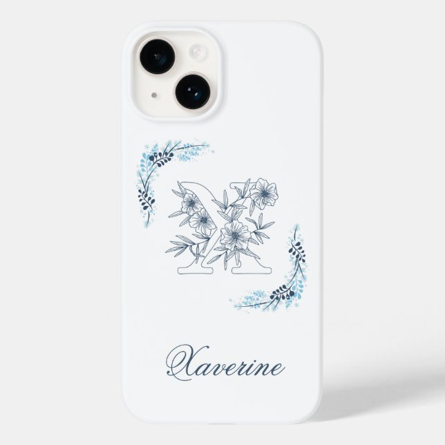 Initial "X" Blue Monogram Calm Floral Case-Mate iPhone Case (Back)