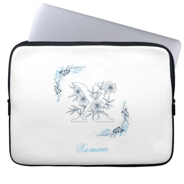 Initial "X" Blue Monogram Calm Floral Laptop Sleeve (Front)