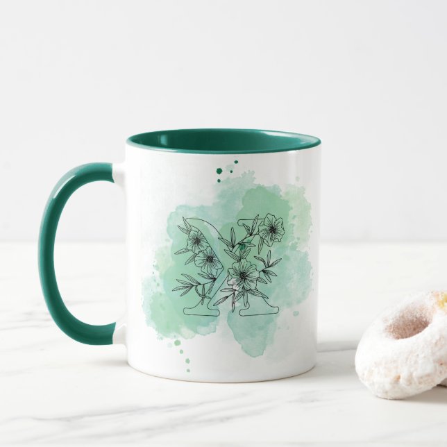 Initial X Watercolor Monogram Green Botanical  Mug (With Donut)