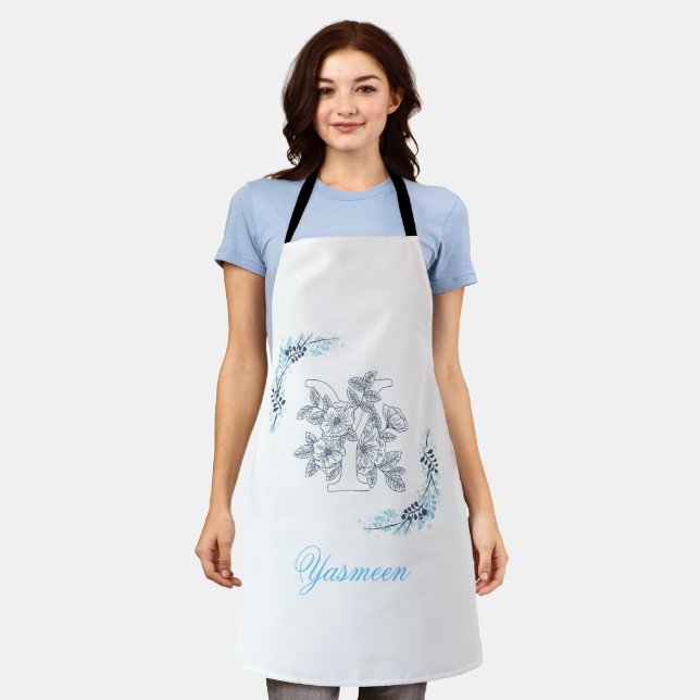 Initial "Y" Blue Monogram Calm Floral Apron (Worn)