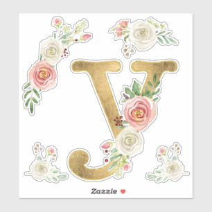 Initial Y Gold Blush Peony Rose Floral Watercolor