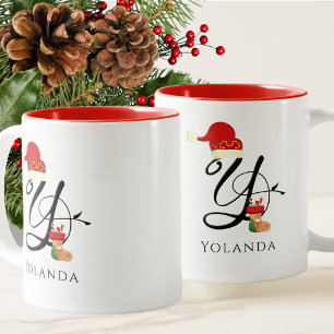 Initial Y Modern Name Script Elegant Christmas Two-Tone Coffee Mug
