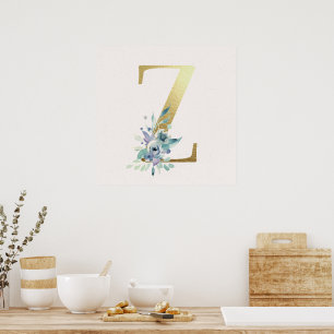 Initial Z Golden and Blue Floral Monogram Poster