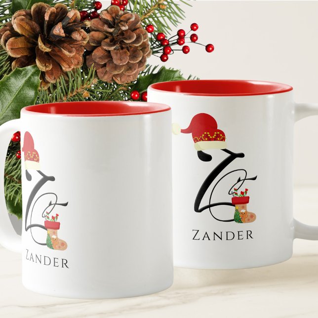 Initial Z Name Elegant Script Modern Christmas Two-Tone Coffee Mug (Creator Uploaded)