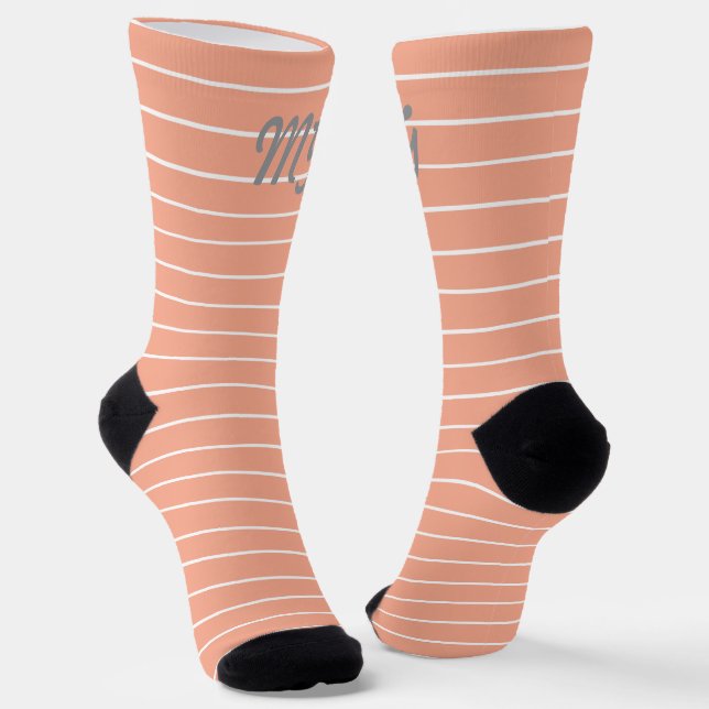 Initials adorable stipped pattern Pink white cosy Socks (Angled)