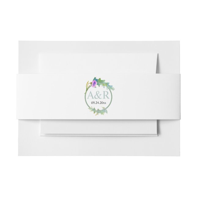 Initials and stylised olive branch wedding invitation belly band (Front Example)