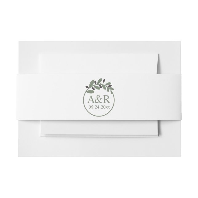 Initials and stylised olive branch wedding invitation belly band (Front Example)