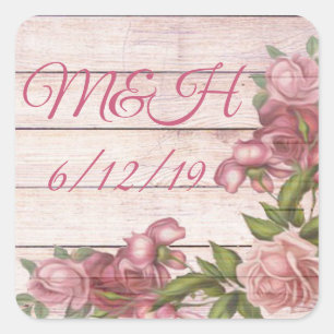 Initials and Wedding Date Vintage Rose and Wood Square Sticker