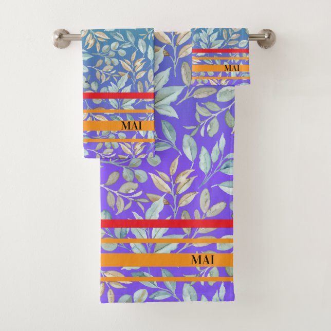 Initials attractive gradient colourful purple Stri Bath Towel Set (Insitu)