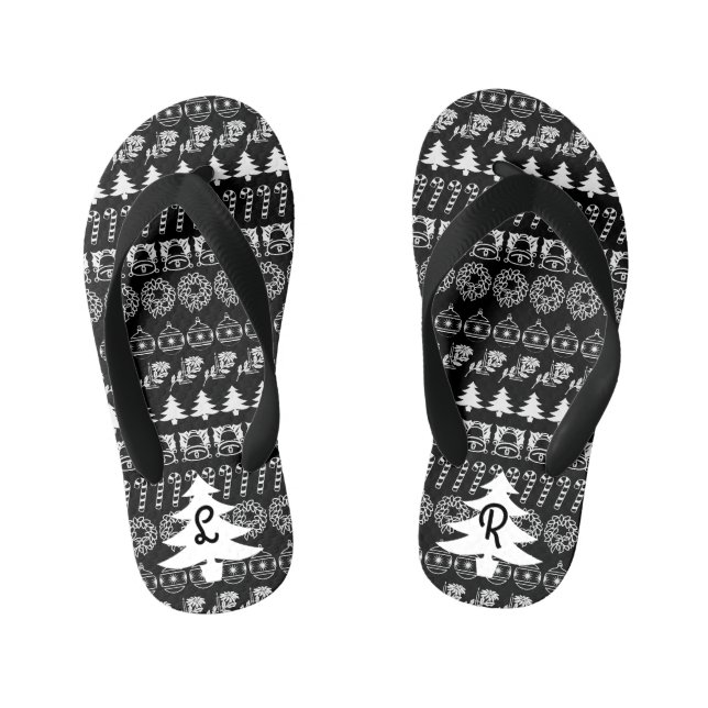 Initials | Black & White Iconic Christmas Pattern Kid's Thongs (Footbed)