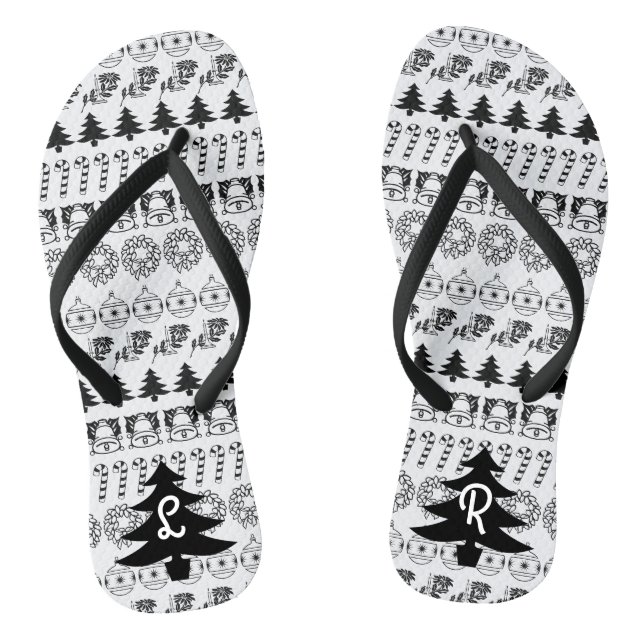 Initials | Black & White Iconic Christmas Pattern Thongs (Footbed)
