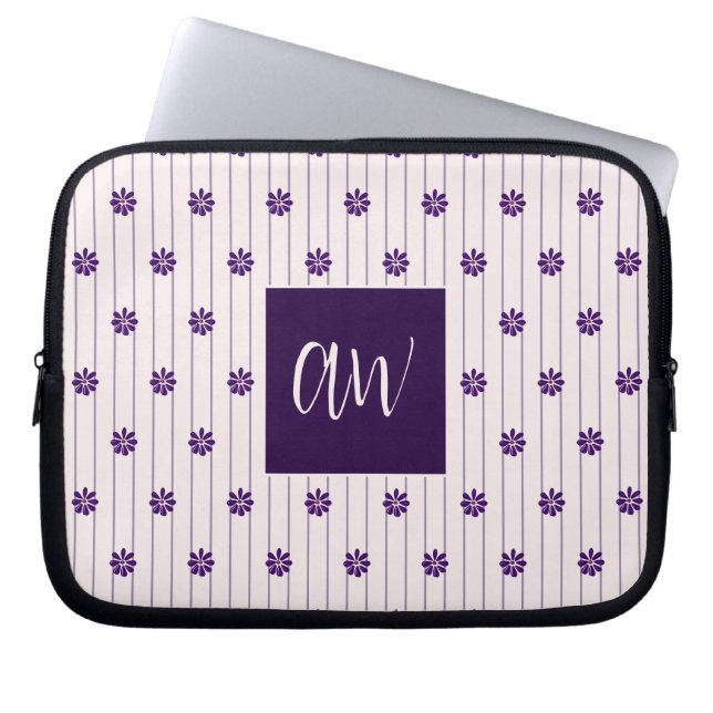 Initials Blush & Violet Stripes Floral Pattern Laptop Sleeve (Front)
