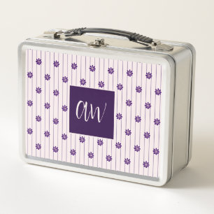 Initials Blush & Violet Stripes Floral Pattern Metal Lunch Box