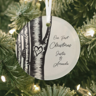 Initials Carved On Tree Couples Glass Tree Decoration