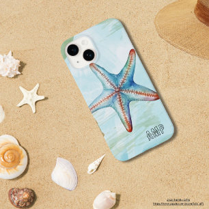 Initials Cute colorful watercolor starfish blue Case-Mate iPhone 14 Case