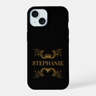 Initials Elegant Black and Gold Crown iPhone 15 Case