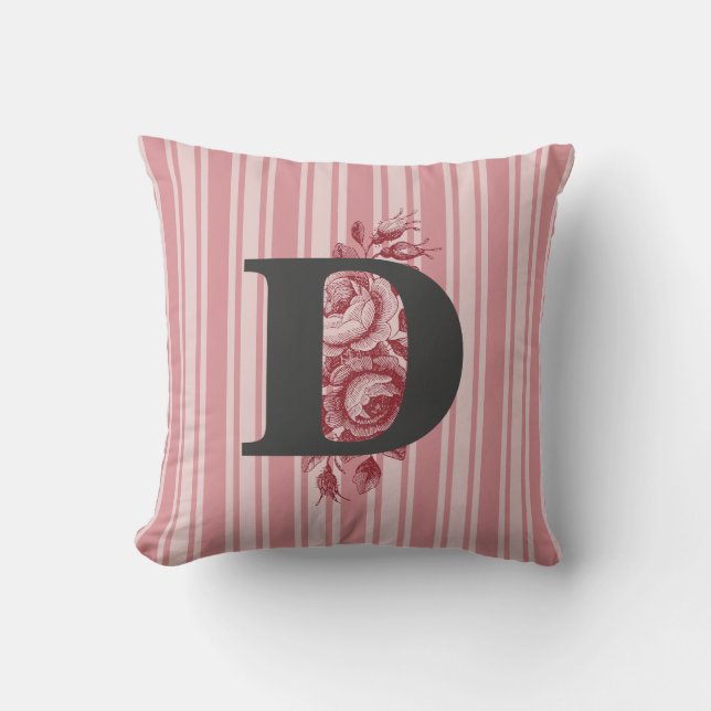 Initials F E D O B or R Cabbage Roses and Stripes Cushion (Front)