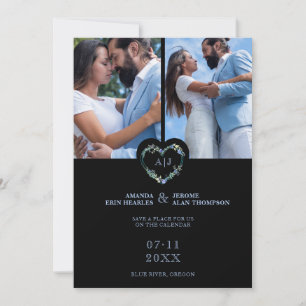 Initials Floral Blue Heart 2 Photos on Black Save The Date