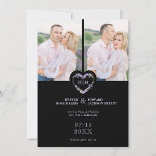 Initials Floral Purple Heart 2 Photos on Black Save The Date