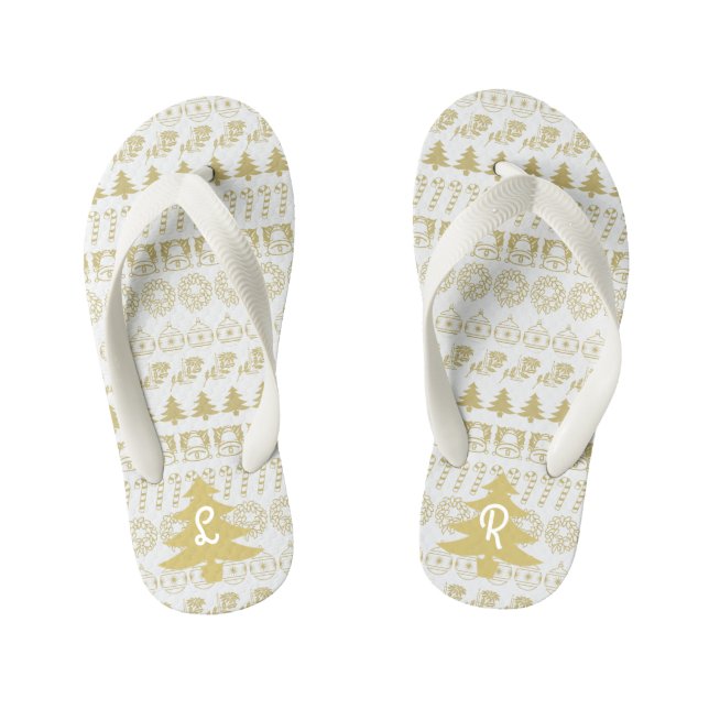 Initials | Gold & White Iconic Christmas Pattern Kid's Thongs (Footbed)