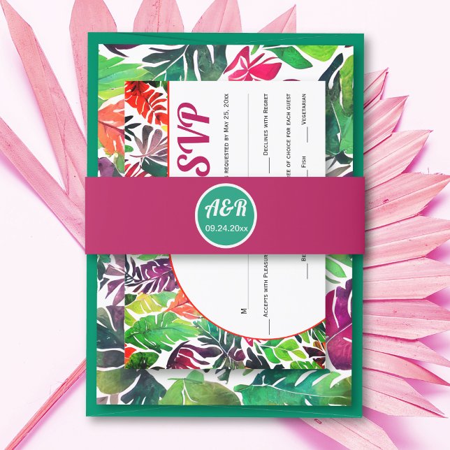 Initials green and magenta maximalist wedding invitation belly band (Creator Uploaded)