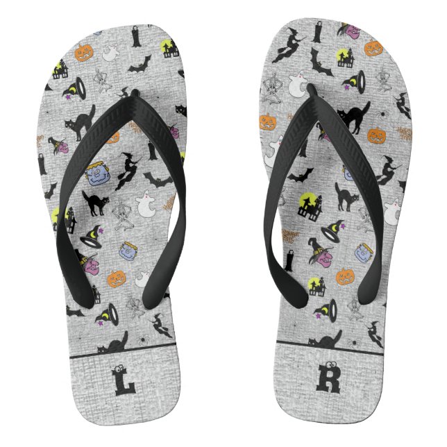 Initials:  Halloween Random Icoic Pattern Grey Thongs (Footbed)