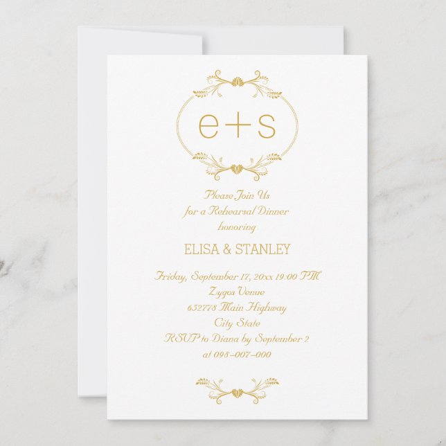 Initials in a gold frame wedding rehearsal dinner invitation (Front)