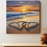 Initials in beach sunset sand hearts faux canvas print<br><div class="desc">Initials in beach sunset sand hearts,  Add initials for couple,  use design tool to change font/colour</div>