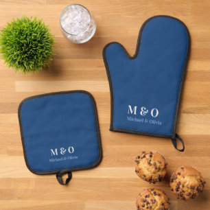 Initials Monogram Couple Name Navy Blue Oven Mitt & Pot Holder Set