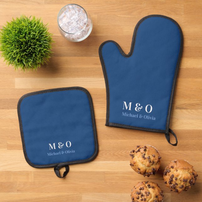 Initials Monogram Couple Name Navy Blue Oven Mitt & Pot Holder Set (Top Down)
