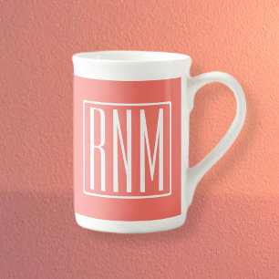 Initials Monogram   White On Coral Bone China Mug