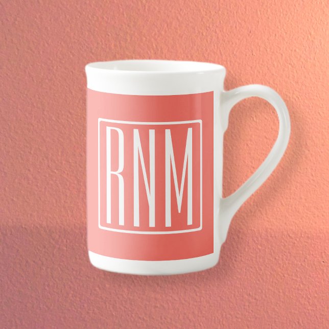 Initials Monogram | White On Coral Bone China Mug (Creator Uploaded)
