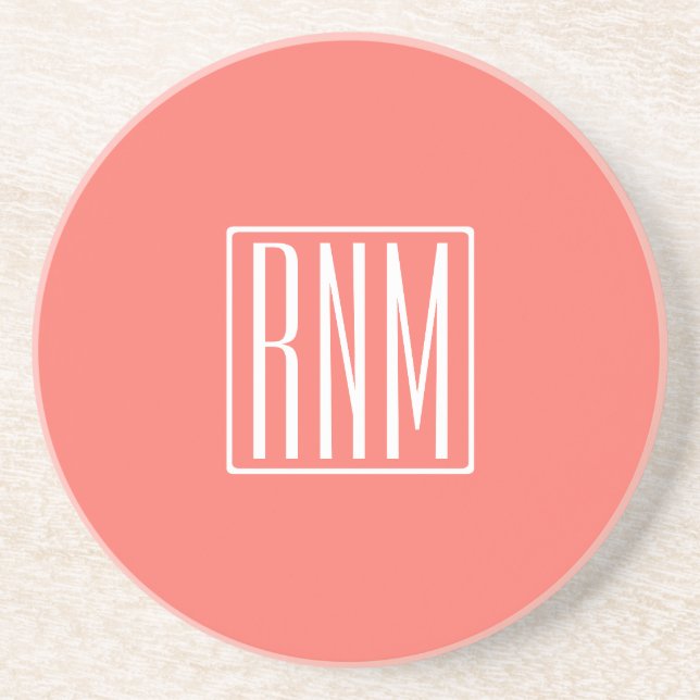 Initials Monogram | White On Coral Coaster (Front)