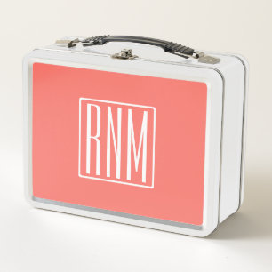 Initials Monogram White On Coral Metal Lunch Box
