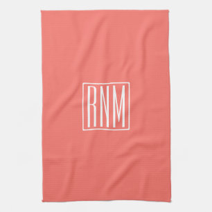 Initials Monogram   White On Coral Tea Towel