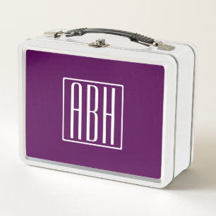 Initials Monogram White On Deep Purple Metal Lunch Box