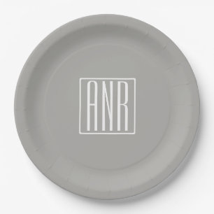 Initials Monogram White On Light Grey Paper Plate