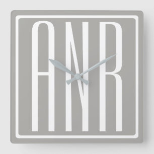 Initials Monogram White On Light Grey Square Wall Clock