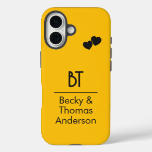 Initials, names and two hearts on bright yellow iPhone 16 case