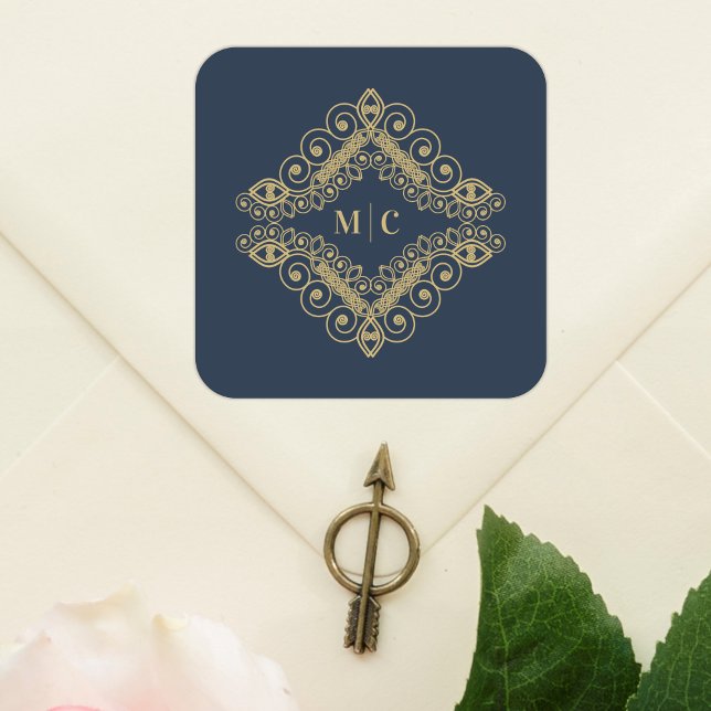 Initials Navy Blue Gold Sophisticated Swirly Square Sticker (Navy Blue & Fake Gold Elegant Sophisticated Fake Lace Swirly Ornament with Initials Square Sticker.)
